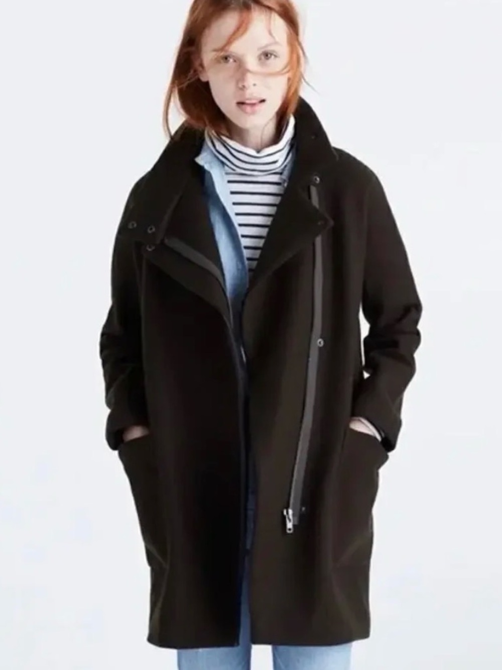 Madewell Wool Blend Women's Cocoon Coat - Asymmetrical Zipper and Leather Trim